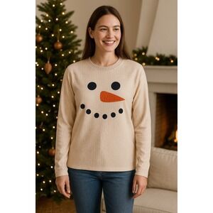 Exclusive‎ Snowman Face Long Sleeve Shirt Women's M Beige Knit Print Holiday Top